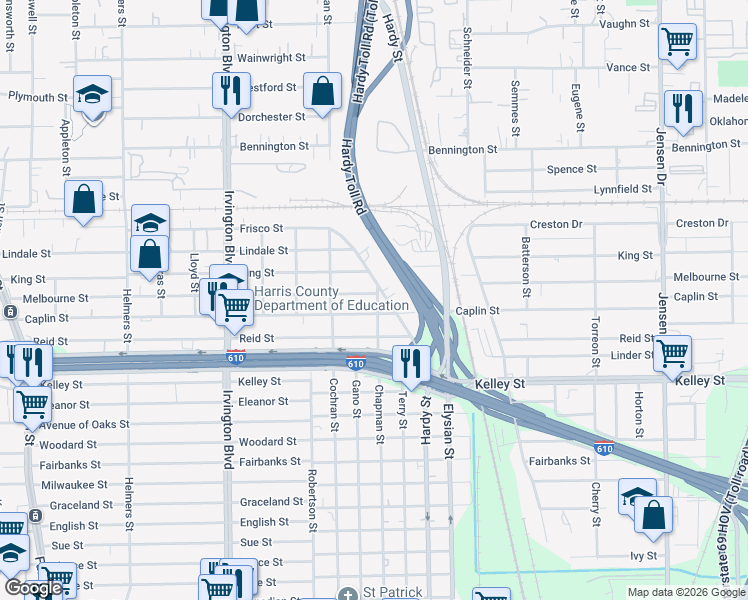 map of restaurants, bars, coffee shops, grocery stores, and more near 1316 Caplin Street in Houston