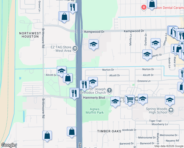 map of restaurants, bars, coffee shops, grocery stores, and more near 10663 Alcott Drive in Houston