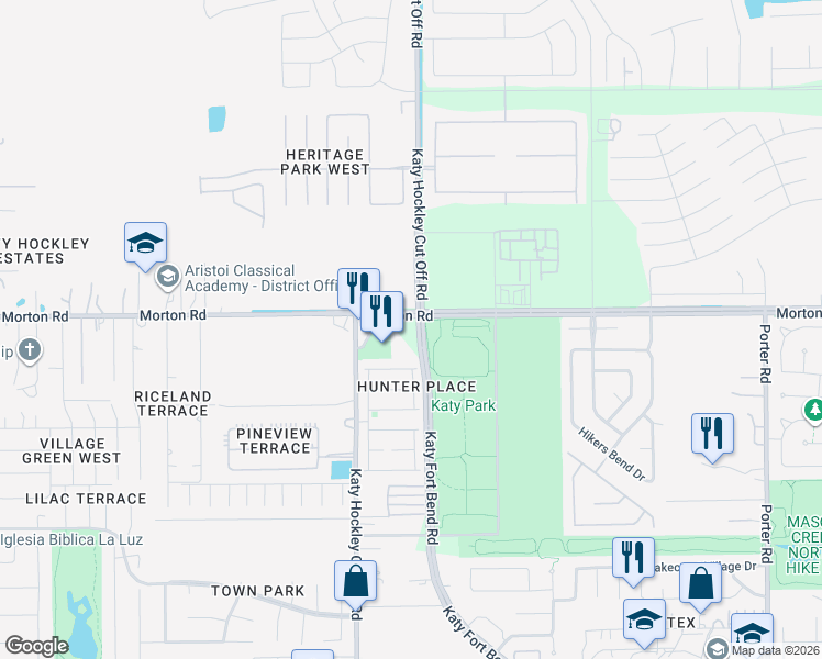 map of restaurants, bars, coffee shops, grocery stores, and more near 2929 Katy Fort Bend Road in Katy