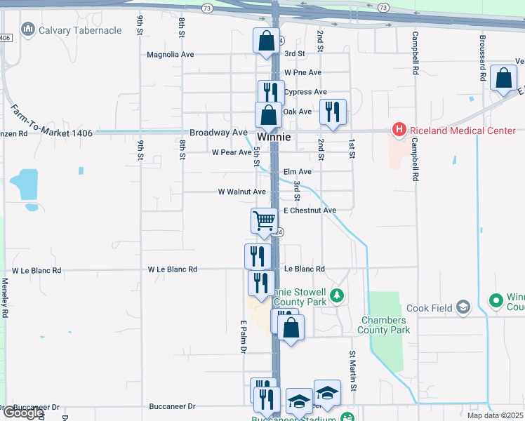 map of restaurants, bars, coffee shops, grocery stores, and more near 914 Texas 124 in Winnie