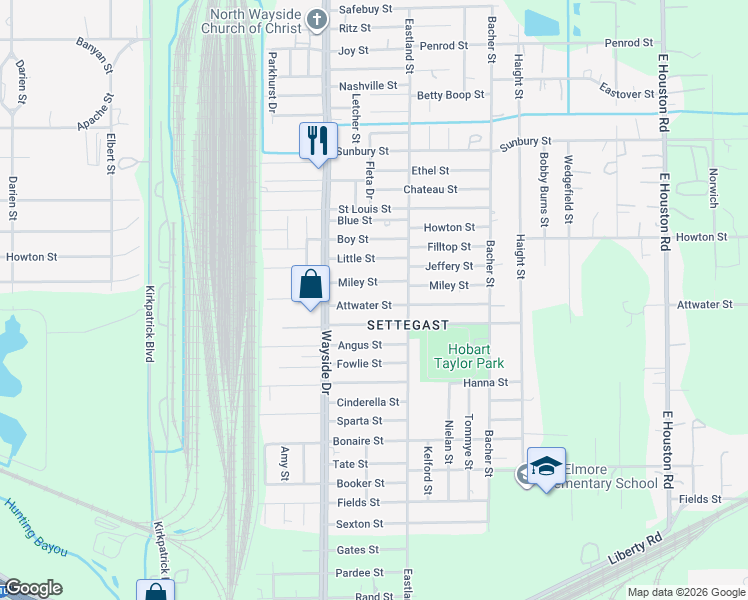 map of restaurants, bars, coffee shops, grocery stores, and more near 7933 Miley Street in Houston
