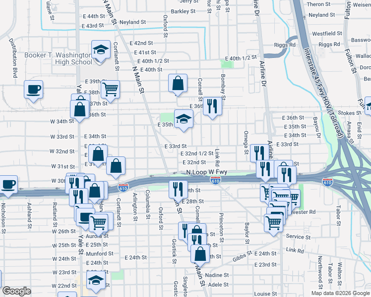 map of restaurants, bars, coffee shops, grocery stores, and more near 720 East 34th Street in Houston