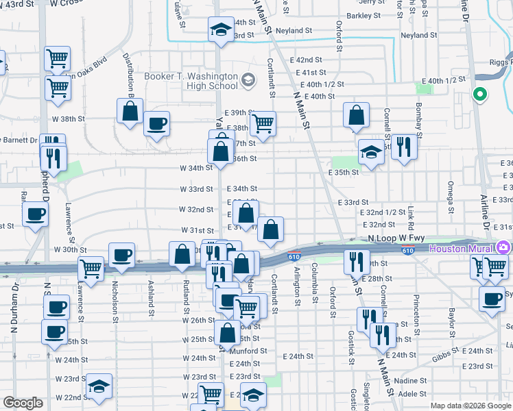 map of restaurants, bars, coffee shops, grocery stores, and more near 212 East 34th Street in Houston