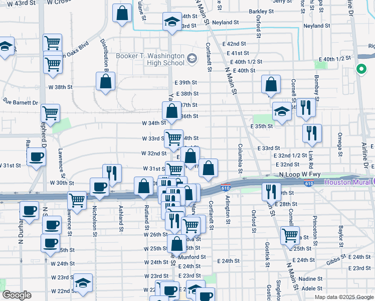 map of restaurants, bars, coffee shops, grocery stores, and more near 21 East 34th Street in Houston