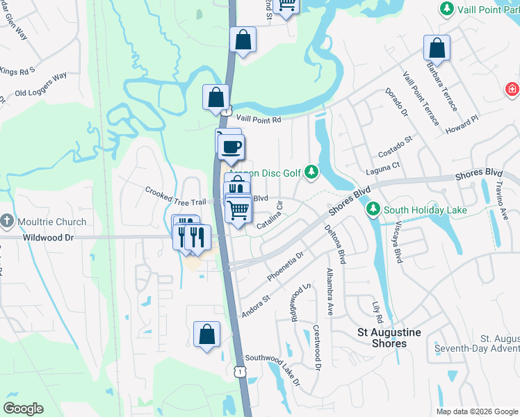 map of restaurants, bars, coffee shops, grocery stores, and more near 60 Deltona Boulevard in St. Augustine