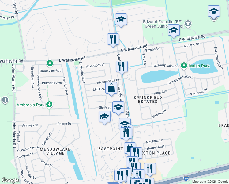 map of restaurants, bars, coffee shops, grocery stores, and more near 8110 Berkely Court in Baytown