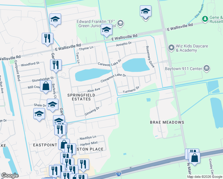 map of restaurants, bars, coffee shops, grocery stores, and more near 8014 Safflower Drive in Baytown