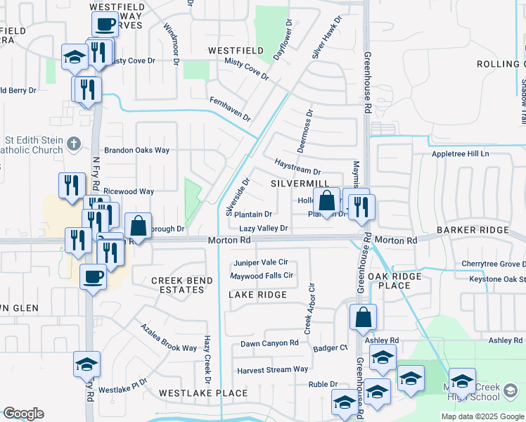 map of restaurants, bars, coffee shops, grocery stores, and more near 19527 Hollowlog Drive in Katy