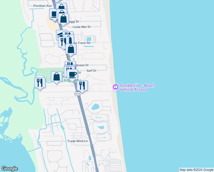 map of restaurants, bars, coffee shops, grocery stores, and more near 2 Dondanville Road in Saint Augustine