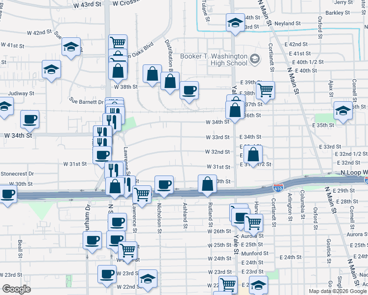 map of restaurants, bars, coffee shops, grocery stores, and more near 403 West 33rd Street in Houston