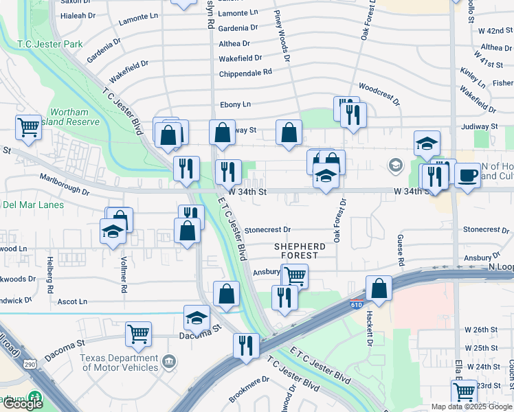 map of restaurants, bars, coffee shops, grocery stores, and more near 2223 West 34th Street in Houston