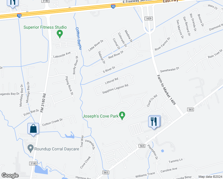 map of restaurants, bars, coffee shops, grocery stores, and more near 5702 Sapphire Lagoon Road in Mont Belvieu