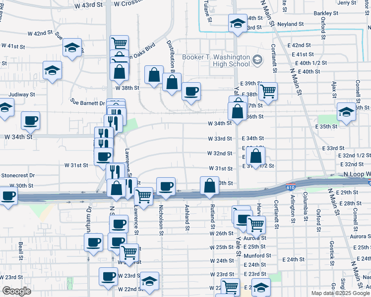 map of restaurants, bars, coffee shops, grocery stores, and more near 336 West 32nd Street in Houston