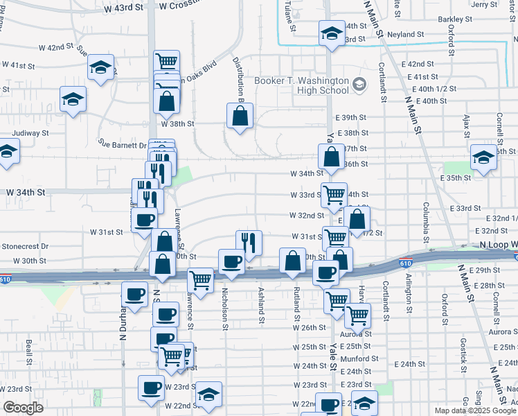 map of restaurants, bars, coffee shops, grocery stores, and more near 336 West 32nd Street in Houston