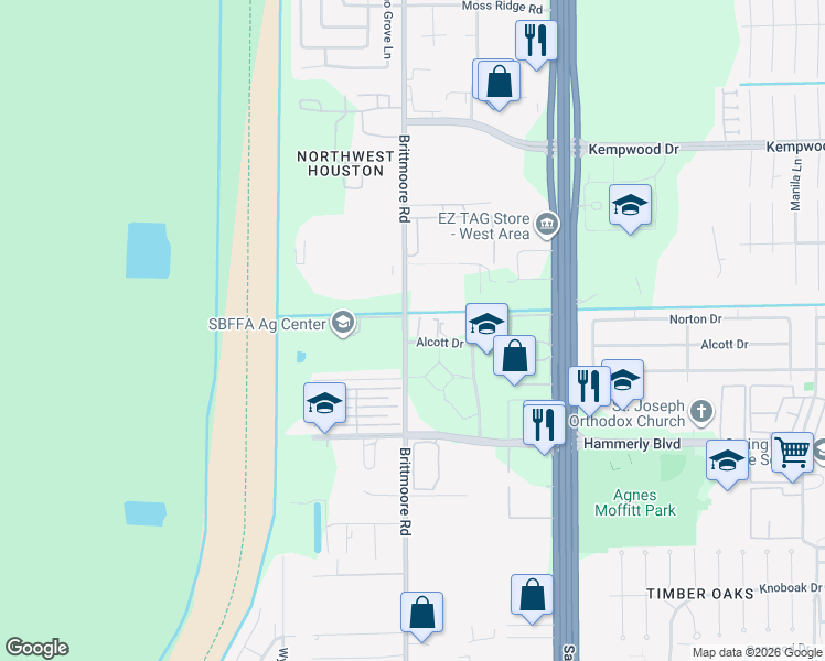 map of restaurants, bars, coffee shops, grocery stores, and more near 1950 Brittmoore Road in Houston