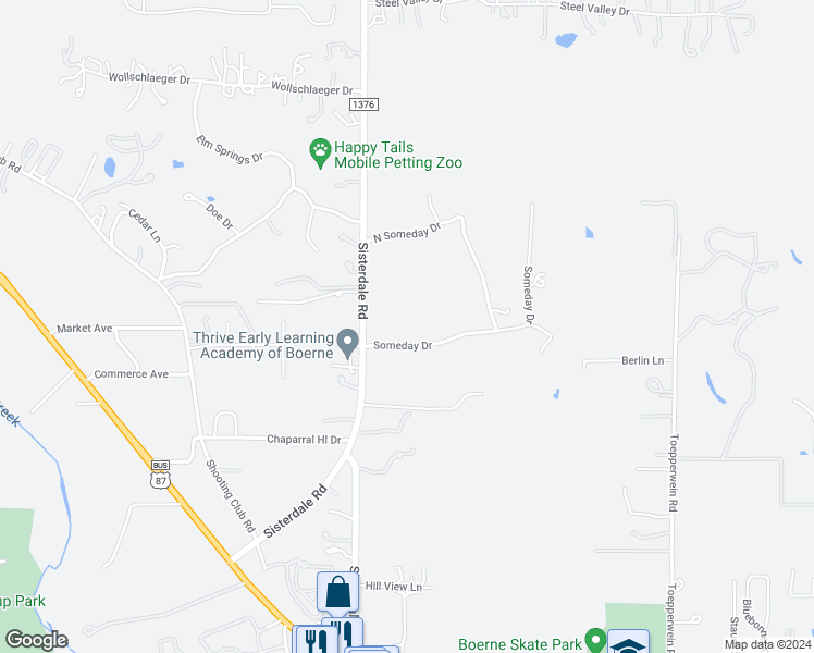 map of restaurants, bars, coffee shops, grocery stores, and more near 6 Someday Drive in Boerne