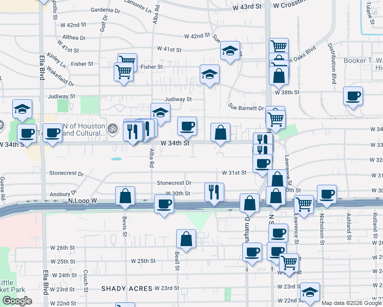 map of restaurants, bars, coffee shops, grocery stores, and more near 903 West 34th Street in Houston