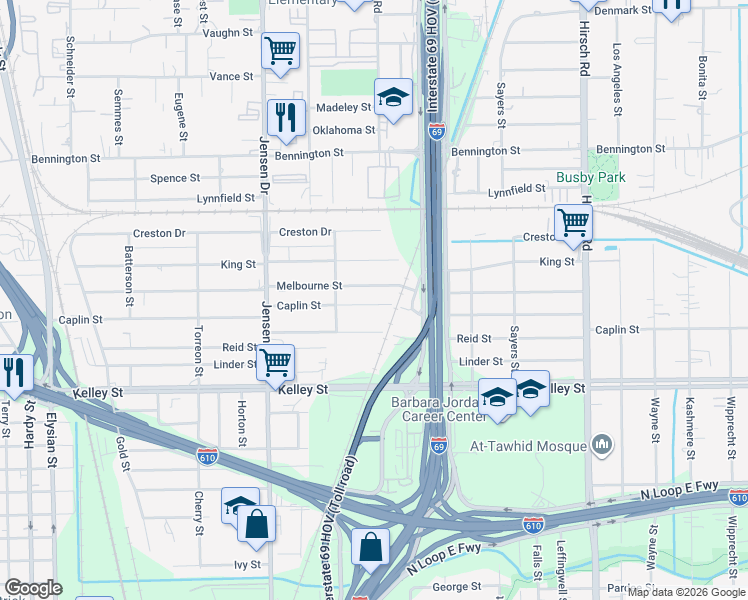map of restaurants, bars, coffee shops, grocery stores, and more near 3220 Melbourne Street in Houston