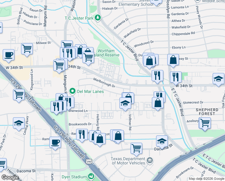 map of restaurants, bars, coffee shops, grocery stores, and more near 4119 Marlborough Drive in Houston