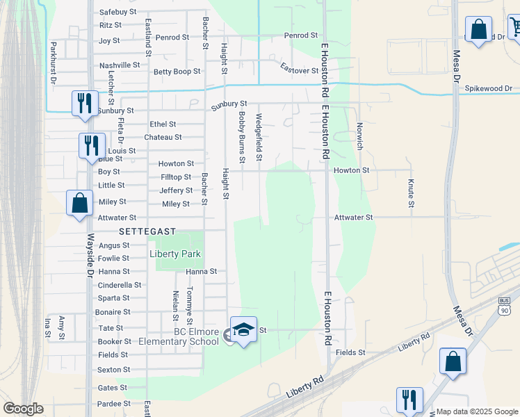map of restaurants, bars, coffee shops, grocery stores, and more near 5930 Wedgefield Street in Houston