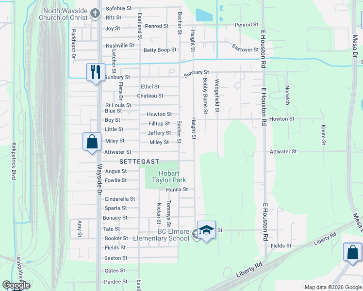map of restaurants, bars, coffee shops, grocery stores, and more near 6010 Bacher Street in Houston