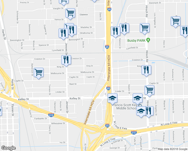 map of restaurants, bars, coffee shops, grocery stores, and more near 3220 Melbourne Street in Houston