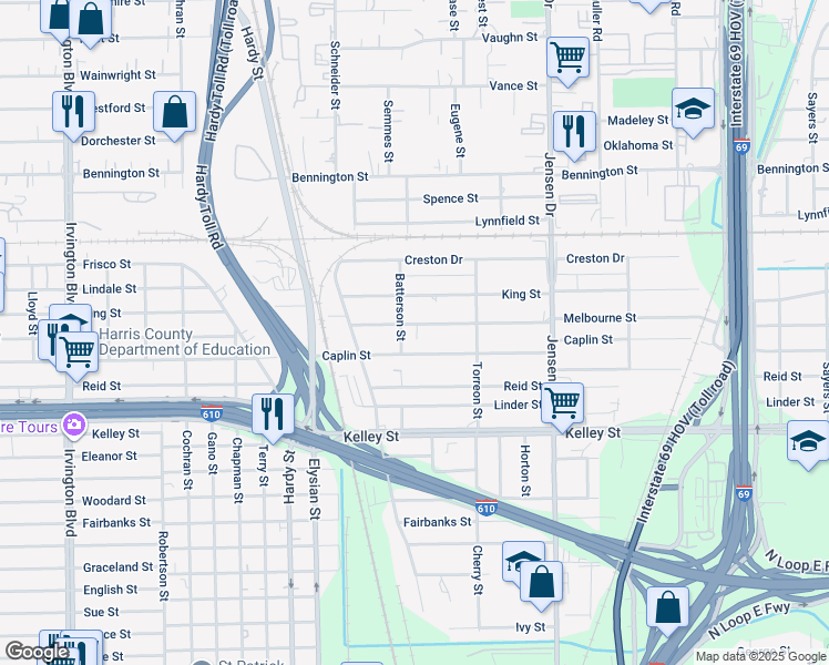 map of restaurants, bars, coffee shops, grocery stores, and more near 2111 Melbourne Street in Houston