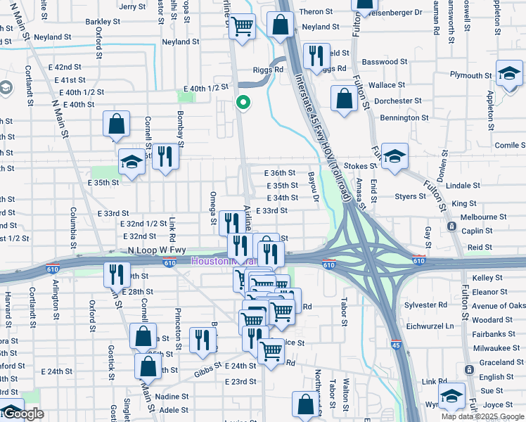 map of restaurants, bars, coffee shops, grocery stores, and more near 1312 East 34th Street in Houston