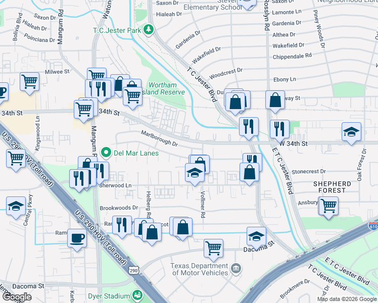 map of restaurants, bars, coffee shops, grocery stores, and more near 4014 Marlborough Drive in Houston