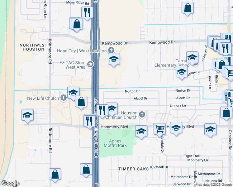 map of restaurants, bars, coffee shops, grocery stores, and more near 10634 Norton Drive in Houston