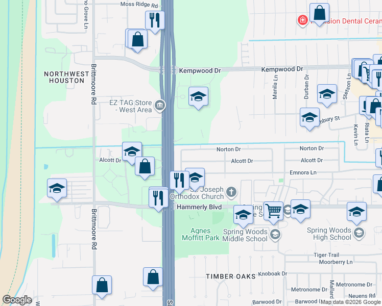 map of restaurants, bars, coffee shops, grocery stores, and more near 10662 Norton Drive in Houston