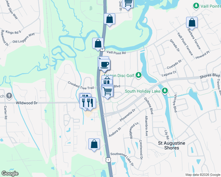 map of restaurants, bars, coffee shops, grocery stores, and more near 60 Deltona Boulevard in St. Augustine