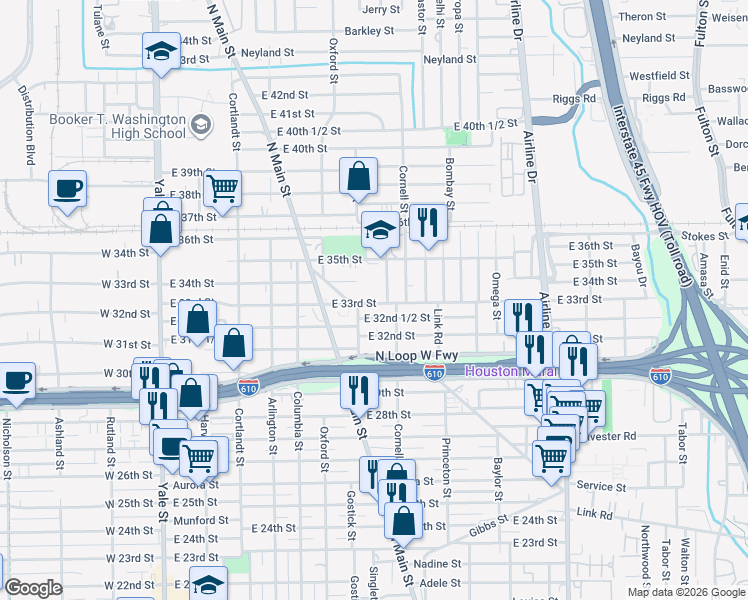 map of restaurants, bars, coffee shops, grocery stores, and more near 720 East 34th Street in Houston