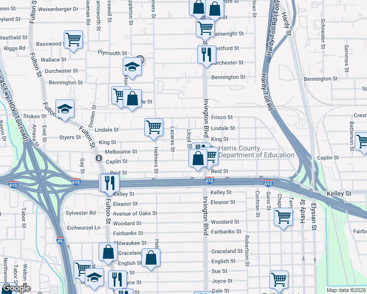 map of restaurants, bars, coffee shops, grocery stores, and more near 618 King Street in Houston