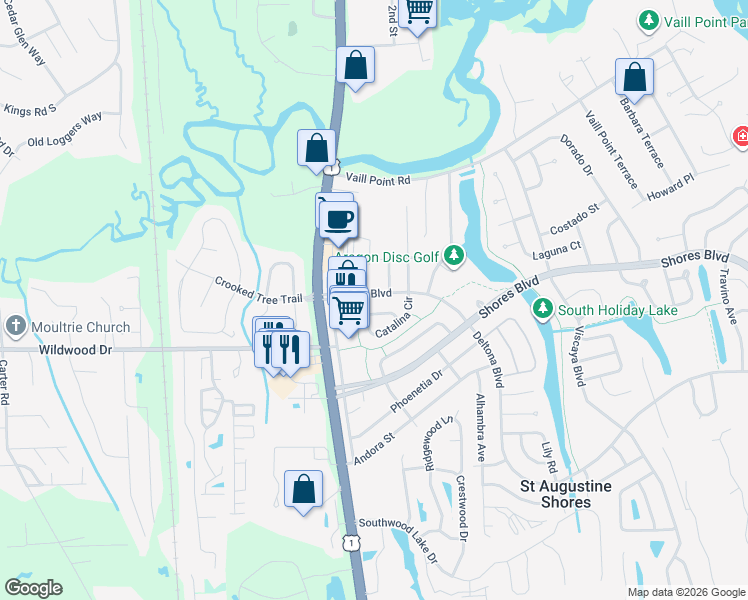map of restaurants, bars, coffee shops, grocery stores, and more near 60 Deltona Boulevard in St. Augustine
