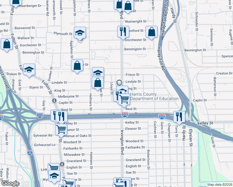 map of restaurants, bars, coffee shops, grocery stores, and more near 618 King Street in Houston