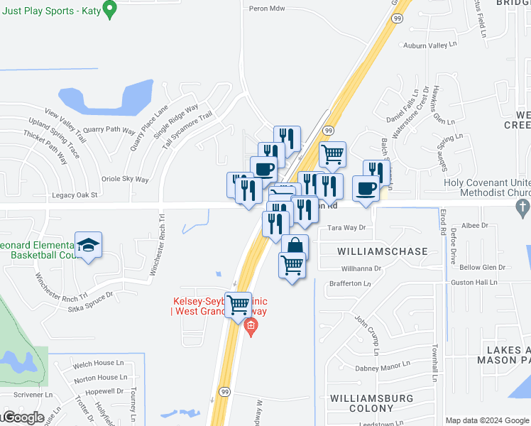 map of restaurants, bars, coffee shops, grocery stores, and more near 3443 West Grand Parkway North in Katy