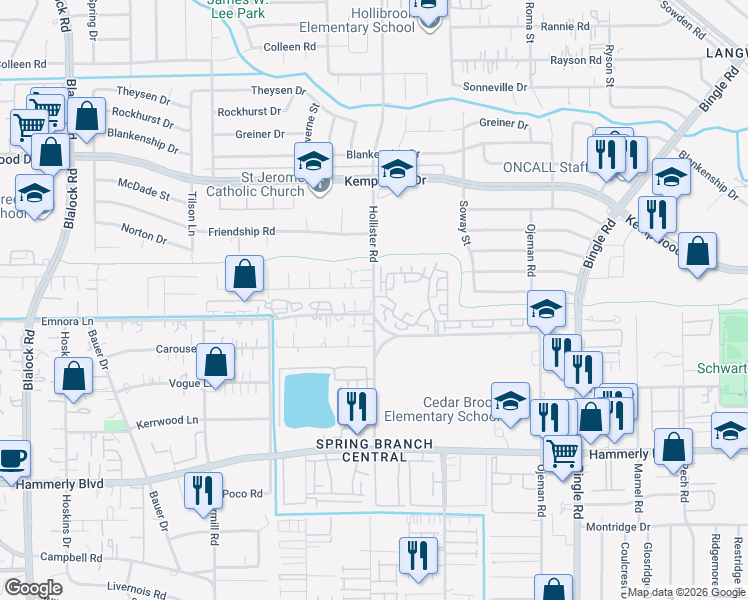 map of restaurants, bars, coffee shops, grocery stores, and more near 2427 Hollister Street in Houston