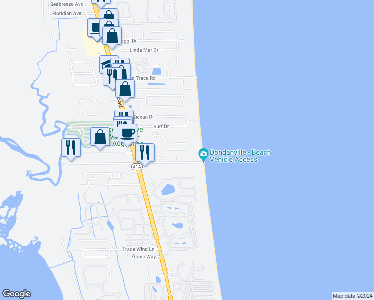 map of restaurants, bars, coffee shops, grocery stores, and more near 1 Dondanville Road in Saint Augustine