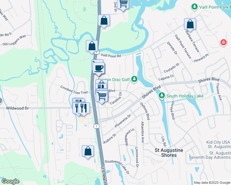 map of restaurants, bars, coffee shops, grocery stores, and more near 100 Deltona Boulevard in St. Augustine