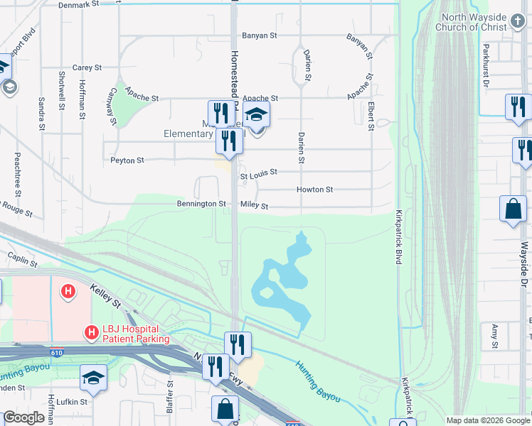 map of restaurants, bars, coffee shops, grocery stores, and more near 7209 Miley Street in Houston