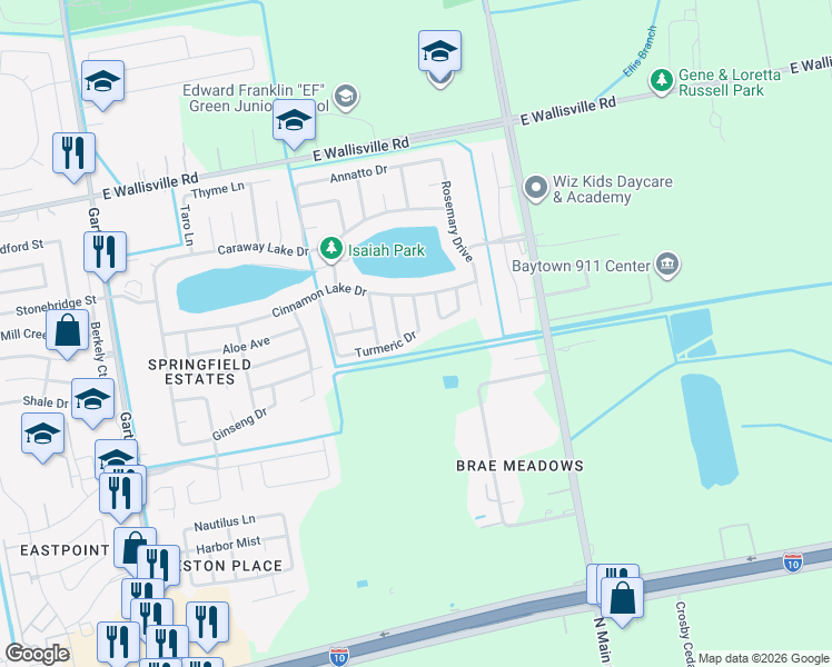 map of restaurants, bars, coffee shops, grocery stores, and more near 5722 Turmeric Drive in Baytown