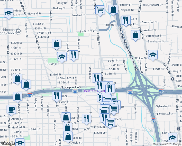 map of restaurants, bars, coffee shops, grocery stores, and more near 3306 Omega Street in Houston