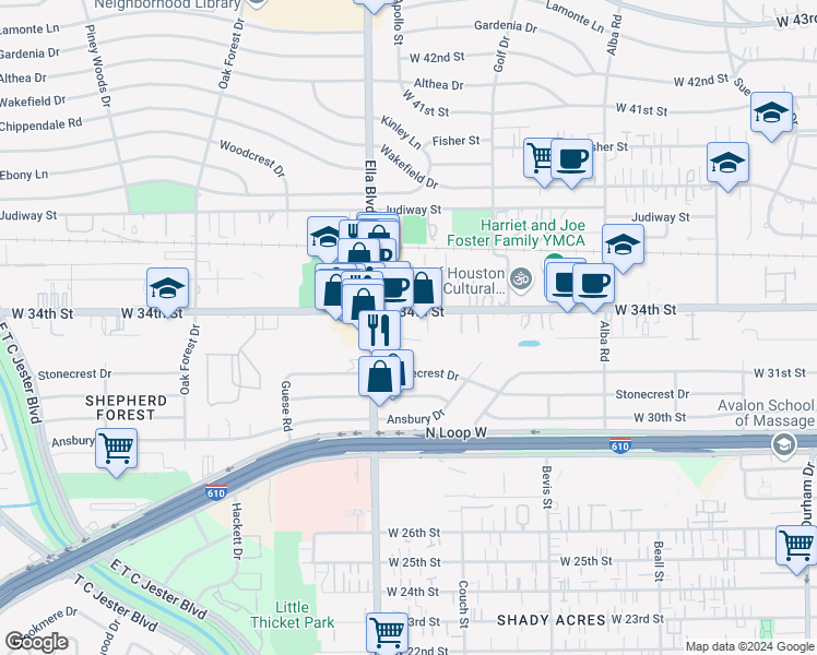 map of restaurants, bars, coffee shops, grocery stores, and more near 1717a West 34th Street in Houston