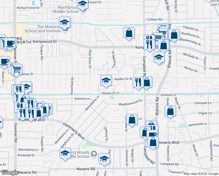 map of restaurants, bars, coffee shops, grocery stores, and more near 1 Raider Circle North in Houston