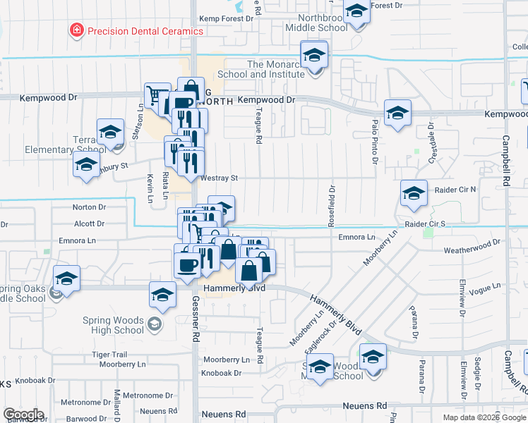 map of restaurants, bars, coffee shops, grocery stores, and more near 2510 Teague Road in Houston