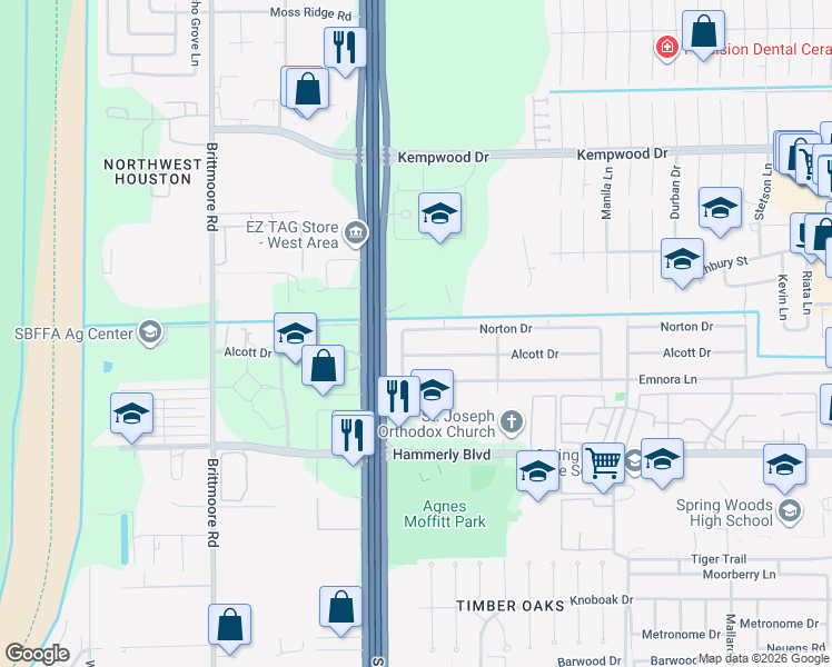 map of restaurants, bars, coffee shops, grocery stores, and more near 10662 Norton Drive in Houston