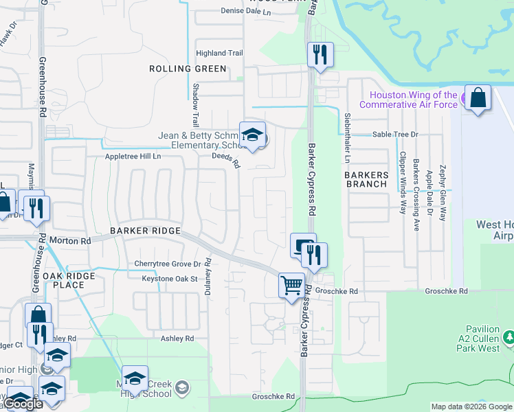 map of restaurants, bars, coffee shops, grocery stores, and more near 18314 Fresh Air Court in Houston