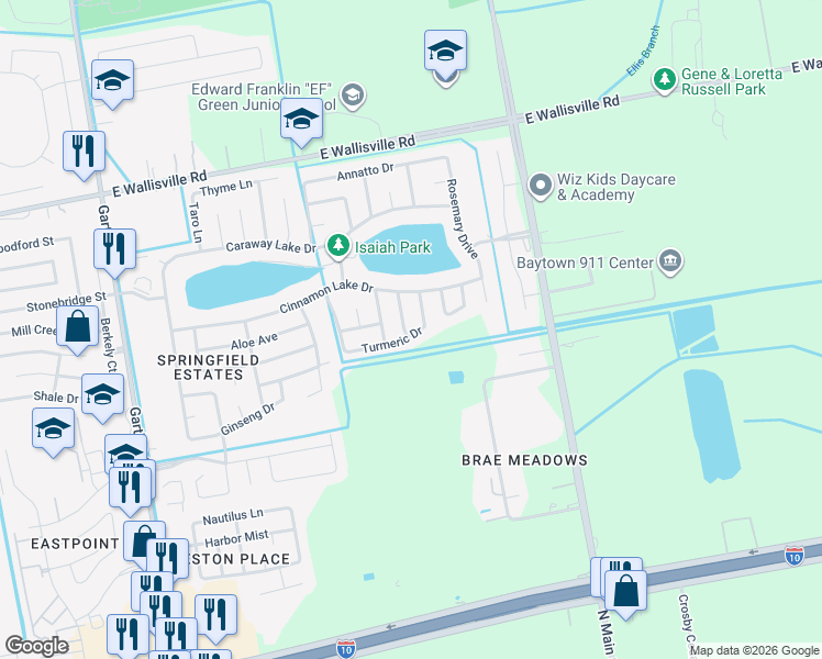 map of restaurants, bars, coffee shops, grocery stores, and more near 5811 Turmeric Drive in Baytown