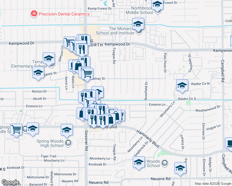 map of restaurants, bars, coffee shops, grocery stores, and more near 2510 Teague Road in Houston